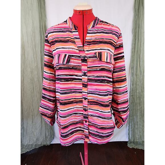 Notations Pink Striped Roll Tab Sleeves Button Up Blouse Size L - Picture 1 of 5